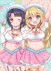 Rule 34 | 2girls, :q, alternate costume, anchor symbol, arm up, atago (kancolle), black hair, blonde hair, blue eyes, blush, breasts, cleavage, cocoperino, fingerless gloves, food, fur collar, garter straps, gloves, hat, highres, holding, holding food, ice cream, ice cream cone, kantai collection, large breasts, long hair, medium breasts, multiple girls, navel, one eye closed, open mouth, red eyes, short hair, short sleeves, simple background, skirt, takao (kancolle), tongue, tongue out, white gloves, white headwear