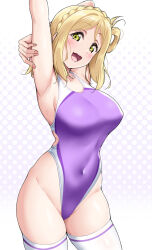 Rule 34 | 1girl, :d, arm up, armpits, blonde hair, blush, braid, breasts, competition swimsuit, covered navel, crown braid, groin, highleg, highleg swimsuit, highres, large breasts, looking at viewer, love live!, love live! sunshine!!, medium hair, ohara mari, one-piece swimsuit, one side up, open mouth, polka dot, polka dot background, purple one-piece swimsuit, smile, solo, swimsuit, thighhighs, white thighhighs, yellow eyes, yopparai oni