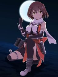 Rule 34 | 10s, 1girl, bad id, bad pixiv id, bare shoulders, black gloves, black neckerchief, black skirt, brown eyes, brown hair, clenched hand, elbow gloves, fingerless gloves, full moon, gloves, hair ornament, highres, kantai collection, looking at viewer, machinery, moon, neckerchief, night, night sky, obi, pleated skirt, sailor collar, sash, scarf, school uniform, sendai (kancolle), sendai kai ni (kancolle), serafuku, shirt, skirt, sky, sleeveless, sleeveless shirt, smile, solo, two side up, white scarf, yakitori (oni)