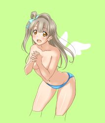 Rule 34 | 10s, 1girl, aqua bow, bikini, blue bikini, blush, bow, breasts, brown eyes, convenient arm, convenient censoring, green background, grey hair, hair bow, highres, long hair, looking at viewer, love live!, love live! school idol project, medium breasts, minami kotori, navel, open mouth, side ponytail, simple background, smile, solo, standing, swimsuit, topless, turkey min, wings