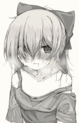 Rule 34 | 1girl, bare shoulders, bow, breath, commentary, crop top, cropped shirt, exhausted, hair bow, long hair, looking at viewer, monochrome, mushoku loli, mushoku loli (character), original, strap slip, sweat