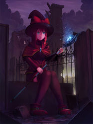 Rule 34 | 1girl, bad id, bad pixiv id, bow, feel (nasitaki), hat, highres, original, red hair, solo, staff, thighhighs, witch, witch hat, wizard, wizard hat