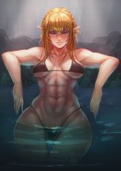 Rule 34 | 1girl, abs, absurdres, biceps, bikini, blonde hair, breasts, dark-skinned female, dark skin, hair down, highres, hololive, hololive fantasy, long hair, multicolored hair, muscular, muscular female, myth1carts, navel, shiranui flare, solo, streaked hair, swimsuit, thighs, toned, virtual youtuber