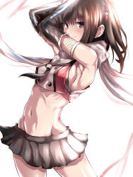 Rule 34 | 10s, 1girl, adapted costume, brown eyes, brown hair, gloves, kantai collection, midriff, navel, scarf, sendai (kancolle), sendai kai ni (kancolle), short hair, solo, tai (nazutai), two side up