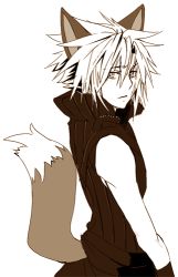 Rule 34 | 00s, 1990s (style), 1boy, animal ears, cloud strife, final fantasy, final fantasy vii, final fantasy vii advent children, fox ears, fox tail, looking back, lowres, male focus, meru, monochrome, retro artstyle, short hair, simple background, solo, tail, white background