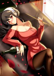 Rule 34 | 1girl, bare shoulders, black hair, black pantyhose, blush, bottle, breasts, cleavage, collarbone, commentary, couch, dagger, dress, english commentary, feet out of frame, fiercestbard, hairband, highres, holding, holding weapon, indoors, knife, large breasts, long sleeves, looking at viewer, lying, nose blush, off-shoulder dress, off-shoulder sweater, off shoulder, on back, pantyhose, petals, red dress, red eyes, red sweater, rose petals, short hair with long locks, smile, solo, spy x family, stiletto (weapon), sweater, sweater dress, thighs, weapon, white hairband, wine bottle, yor briar