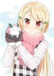 Rule 34 | 1girl, blonde hair, blush, breath, coat, commentary request, gloves, hair ornament, highres, leaf hair ornament, long hair, looking at viewer, original, pink scarf, red eyes, scarf, smile, snow rabbit, solo, tsubure manjuu, upper body, white coat, winter clothes