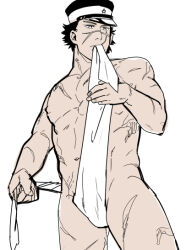 Rule 34 | 1boy, aoi (husiginokuninoa), bara, feet out of frame, golden kamuy, hat, kepi, large pectorals, male focus, military hat, monochrome, mouth hold, pectorals, scar, scar on chest, scar on face, scar on mouth, scar on nose, short hair, solo, standing, sugimoto saichi, toned, toned male, topless male, tying fundoshi