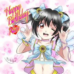 Rule 34 | 1girl, artist name, artist request, bare shoulders, black hair, blue bow, blush, bow, earrings, female focus, hair bow, heart, heart background, jewelry, looking at viewer, love live!, love live! school idol project, nico nico nii, one eye closed, red bow, red eyes, smile, solo, striped, striped bow, twintails, wings, yazawa nico
