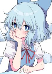 Rule 34 | 1girl, absurdres, blue bow, blue eyes, blue hair, blush, bow, cirno, commentary request, eyes visible through hair, hair between eyes, hair bow, highres, ice, ice wings, looking at viewer, puffy short sleeves, puffy sleeves, red neckwear, red ribbon, ribbon, short hair, short sleeves, simple background, solo, touhou, tsukimirin, upper body, white background, wings