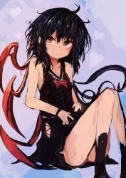 Rule 34 | 1girl, absurdres, asymmetrical wings, bare arms, bare legs, black dress, black hair, black socks, blue background, closed mouth, dress, highres, houjuu nue, kaamin (mariarose753), looking at viewer, messy hair, red eyes, short dress, simple background, sleeveless, sleeveless dress, smile, socks, solo, touhou, wings, wrist cuffs