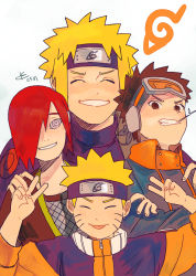 Rule 34 | 4boys, black eyes, black hair, blonde hair, closed eyes, crossed arms, double v, father and son, fingernails, forehead protector, goggles, hair over one eye, hands on shoulders, highres, konohagakure symbol, male focus, multiple boys, nagato (naruto), namikaze minato, naruto, naruto (series), pain (naruto), purple eyes, red hair, rinnegan, short hair, simple background, spiked hair, tongue, uchiha obito, uzumaki naruto, v
