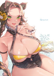 Rule 34 | 1girl, animal ears, bandeau, bare shoulders, bikini, blonde hair, braid, breasts, brown hair, chinese clothes, cleavage, clothing cutout, commission, fang, green eyes, heart, heart-shaped pupils, highres, kanola u, large breasts, long hair, looking at viewer, multicolored hair, navel cutout, open mouth, original, pixiv commission, saliva, saliva trail, shiny skin, skin fang, smile, solo, strapless, strapless bikini, swimsuit, symbol-shaped pupils, thighs, twin braids, two-tone hair