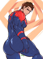 Rule 34 | 1boy, absurdres, artist name, ass, ass focus, back, bara, blue bodysuit, bodysuit, brown hair, covered erect nipples, highres, kuroshinki, large pectorals, male focus, marvel, miguel o&#039;hara, muscular, muscular male, pectorals, red bodysuit, red eyes, short hair, solo, spider-man: across the spider-verse, spider-man (2099), spider-man (series), spider-verse, thick thighs, thighs, two-tone bodysuit