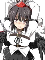 Rule 34 | 1girl, arms up, belt, black hair, black ribbon, black skirt, blush, bound, breasts, brown eyes, chain, collar, hat, highres, looking at viewer, neck ribbon, open mouth, pleated skirt, pom pom (clothes), red hat, ribbon, rise (rise19851203), shameimaru aya, simple background, skirt, solo, tokin hat, touhou, white background, wings