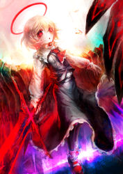 Rule 34 | 1girl, ascot, blonde hair, ex-rumia, halo, highres, long sleeves, red eyes, rumia, shirt, skirt, skirt set, solo, spark621, sword, touhou, vest, weapon