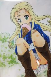 Rule 34 | 1girl, ashigaki radar, blonde hair, blue eyes, blue jacket, boots, brown footwear, bush, censored, covering own mouth, girls und panzer, grass, grey background, hand fan, hand on own knee, highres, holding, jacket, long hair, long sleeves, looking down, marie (girls und panzer), panties, panty pull, paper fan, peeing, pussy, shirt, skirt, squatting, underwear, white panties, white shirt, white skirt