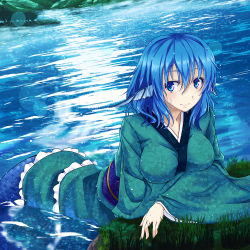 Rule 34 | 1girl, blue eyes, blue hair, breasts, colored eyelashes, din (flypaper), fins, head fins, japanese clothes, kimono, lake, lens flare, long sleeves, matching hair/eyes, medium breasts, mermaid, monster girl, obi, sash, smile, solo, touhou, wakasagihime, wet, wet clothes, wet hair, wide sleeves