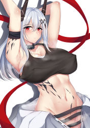 Rule 34 | 1girl, arknights, armpits, arms up, black tank top, blush, breasts, chapter0p, cleavage, clothes around waist, collarbone, commentary, covered erect nipples, cowboy shot, crop top, demon horns, english commentary, female focus, groin, hair between eyes, highres, horns, infection monitor (arknights), large breasts, lips, long hair, looking at viewer, material growth, midriff, mudrock (arknights), mudrock (elite ii) (arknights), navel, no panties, oripathy lesion (arknights), parted lips, red eyes, red ribbon, ribbon, sarashi, shadow, silver hair, simple background, solo, steaming body, stomach, straight hair, sweat, tank top, white background