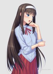 Rule 34 | 1girl, blush, brown hair, commentary request, dated, grey background, hairband, long hair, long sleeves, miyai sen, open mouth, pleated skirt, red ribbon, red skirt, ribbon, shirt, simple background, skirt, solo, tohno akiha, tsukihime, type-moon, white hairband