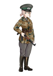 Rule 34 | 1girl, absurdres, arm pouch, assault rifle, belt, blonde hair, boots, camoflauge, collar, east german, east germany, green hair, gun, hat, highres, holding, holding gun, holding weapon, holster, jacket, military, military hat, military uniform, mpi-km, nationale volksarmee, original, pants, qian, rifle, simple background, small ponytail, string, uniform, weapon