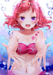 Rule 34 | 10s, 1girl, :d, air bubble, bikini, breasts, breath, bubble, cleavage, collarbone, earrings, freediving, highres, holding breath, jewelry, looking at viewer, love live!, love live! school idol festival, love live! school idol project, medium breasts, natsu (natume0504), navel, nishikino maki, open mouth, purple eyes, red bikini, red hair, smile, solo, swimsuit, underwater, upper body