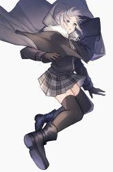 Rule 34 | 1girl, black capelet, black footwear, black gloves, black jacket, black thighhighs, boots, braid, cape, capelet, commentary request, coyucom, fate (series), full body, fur trim, gloves, gray (fate), green eyes, grey background, grey cape, grey skirt, hair bun, highres, hood, hood up, hooded cape, jacket, lord el-melloi ii case files, parted lips, plaid, plaid skirt, pleated skirt, shoe soles, sidelocks, silver hair, simple background, single hair bun, skirt, solo, thighhighs