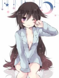 Rule 34 | 1girl, alice (pandora hearts), black hair, blush, bottomless, braid, breasts, cleavage, grabbing, grabbing from behind, looking at viewer, medium breasts, naked shirt, open clothes, open shirt, pandora hearts, purimo (xxxmofmof), purple eyes, shirt, sitting, sleepy, small breasts, solo, wink