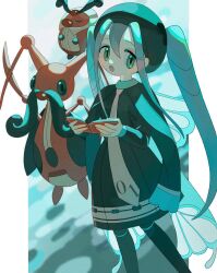 Rule 34 | 1girl, :o, beret, black cape, black dress, black pantyhose, blue eyes, blue hair, book, bug miku (project voltage), butterfly wings, cape, commentary, creatures (company), dress, fake wings, feet out of frame, flying, game freak, gen 4 pokemon, hair through headwear, hat, hatsune miku, highres, holding, holding book, insect wings, kricketot, kricketune, long sleeves, looking at viewer, nagomi ( nagomi ), necktie, nintendo, open book, open mouth, outside border, pantyhose, pillarboxed, pokemon, pokemon (creature), project voltage, short dress, sidelocks, solo, standing, tareme, twintails, vocaloid, white necktie, wings