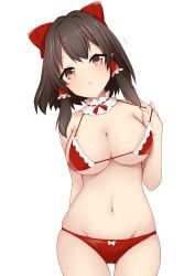 Rule 34 | 1girl, :o, absurdres, arm behind back, bare shoulders, bikini, blush, bow, bow bikini, breasts, cleavage, collarbone, commentary request, cowboy shot, frilled bow, frills, groin, hair bow, hair tubes, hakurei reimu, halterneck, hand up, head tilt, highres, large breasts, looking at viewer, medium breasts, medium hair, micro bikini, midriff, navel, open mouth, red bikini, red bow, sidelocks, simple background, skindentation, solo, standing, stomach, strap gap, string pull, swimsuit, tooga mashiro, touhou, underboob, white background, white bow