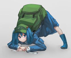 Rule 34 | 1girl, absurdres, aesur a, backpack, bag, baseball cap, blue eyes, blue hair, blush, boots, full body, grey background, hair bobbles, hair ornament, hat, highres, jack-o&#039; challenge, kawashiro nitori, long hair, long sleeves, looking at viewer, rubber boots, simple background, smile, solo, spread legs, top-down bottom-up, touhou, twintails
