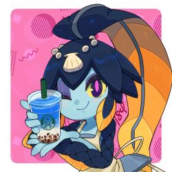 Rule 34 | 184nx, 1girl, apron, blush, bubble tea, colored sclera, drink, drinking straw, fins, fish girl, logo parody, minette (skullgirls), one eye closed, pink background, pink pupils, ponytail, shell hair ornament, skullgirls, smile, solo, starbucks, upper body, yellow sclera