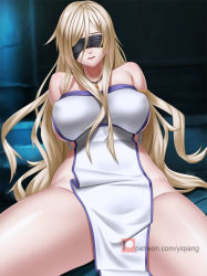 Rule 34 | 10s, 1girl, arms behind back, bare shoulders, black blindfold, blindfold, blonde hair, blush, breasts, commentary, covered erect nipples, covered eyes, covered navel, dress, english commentary, facing viewer, goblin slayer!, hair between eyes, indoors, large breasts, long hair, lying, on back, parted lips, patreon username, pelvic curtain, solo, spread legs, strapless, strapless dress, sword maiden, thighs, topless, white dress, yiqiang