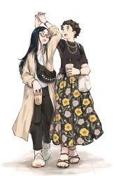 Rule 34 | 2girls, absurdres, black hair, brown hair, coat, floral print, full body, glasses, highres, holding hands, jewelry, long coat, long hair, long skirt, looking at another, m k, multiple girls, necklace, original, ring, short hair, simple background, skirt, standing, very short hair, walking, wedding ring, wife and wife, yuri