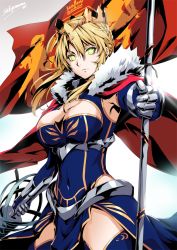 Rule 34 | 1girl, armor, armpits, artist name, artoria pendragon (all), artoria pendragon (fate), artoria pendragon (lancer) (fate), blonde hair, blue gloves, blue thighhighs, braid, breasts, cape, cleavage, cleavage cutout, closed mouth, clothing cutout, covered navel, cowboy shot, crown, fate/grand order, fate (series), flag, french braid, fur, gauntlets, gloves, glowing, glowing eyes, green eyes, hair between eyes, heattech leotard, holding, holding weapon, lance, long hair, looking at viewer, medium breasts, polearm, red cape, saber (fate), sakiyamama, simple background, solo, thighhighs, thighs, turtleneck, upper body, weapon, white background