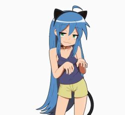 Rule 34 | 1girl, :3, animal ears, animated, animated gif, antenna hair, bare shoulders, blue hair, blue shirt, cat ears, cat tail, child, closed mouth, collarbone, dancing, death by lolis, eyebrows, fake animal ears, fake tail, feet out of frame, female focus, flat chest, green eyes, half-closed eyes, hands up, izumi konata, long hair, looking at viewer, looping animation, lucky star, paw pose, shirt, shorts, simple background, sleeveless, sleeveless shirt, smug, solo, standing, tail, very long hair, white background, yellow shorts