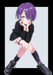 Rule 34 | 1girl, absurdres, ankle boots, black border, black skirt, black socks, black sweater, blush, boots, border, cross-laced footwear, flame print, gishiki (gshk), goth fashion, green eyes, grey background, hair ornament, head rest, highres, invisible chair, leaning forward, leg belt, long sleeves, looking at viewer, original, purple hair, short hair, sitting, skirt, skull hair ornament, smile, socks, solo, sweater, thigh strap