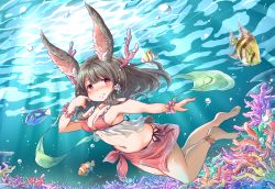 Rule 34 | 1girl, air bubble, animal ears, anklet, barefoot, blush, breath, bubble, rabbit ears, coral, fish, freediving, highres, holding breath, jewelry, long hair, mochizuki usagi, ocean, original, sarong, swimming, swimsuit, underwater