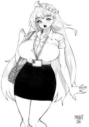 Rule 34 | 1girl, ahoge, artist name, bag, blush, braid, breasts, bursting breasts, character request, cleavage, commission, curvy, facing viewer, french braid, greyscale, handbag, highres, id card, knees together feet apart, lanyard, large breasts, long hair, looking at viewer, miniskirt, monochrome, norman maggot, office lady, pencil skirt, short sleeves, simple background, skirt, solo, standing, very long hair, white background