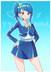 Rule 34 | 1girl, absurdres, blue background, blue eyes, blue hair, blue jacket, blue sailor collar, blue skirt, character name, closed mouth, commentary, cut bangs, gradient background, hair ribbon, hands on own hips, heart, highres, hirogaru sky! precure, jacket, long sleeves, looking at viewer, medium hair, miniskirt, mitsuki tayura, neck ribbon, pleated skirt, precure, ribbon, sailor collar, school uniform, shirt, single sidelock, skirt, smile, solo, sora harewataru, sorashido academy school uniform, standing, star (symbol), starry background, translated, white shirt, yellow ribbon