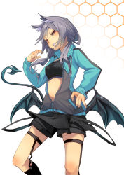 Rule 34 | 1girl, animal ears, black socks, breasts, covered erect nipples, demon tail, demon wings, fang, fu-ta, gradient background, grin, hand on own hip, jacket, kneehighs, looking at viewer, medium breasts, open clothes, open jacket, orange eyes, original, shorts, slit pupils, smile, socks, solo, sports bra, tail, wings
