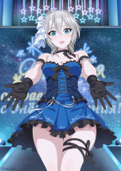 Rule 34 | 1girl, anastasia (idolmaster), bare shoulders, black gloves, blue dress, blue eyes, breasts, cleavage, commentary request, corset, cowboy shot, dress, gloves, hair ornament, highres, idolmaster, idolmaster cinderella girls, inoshira, looking at viewer, medium breasts, outstretched arms, reaching, reaching towards viewer, short hair, silver hair, sky, solo, star (sky), star (symbol), starry sky