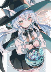Rule 34 | 1girl, :o, ?, animal ear fluff, animal ears, black footwear, black hat, black skirt, blue hair, blush, border, bow, bowtie, brooch, candy, cat ears, cat girl, center frills, collar, commentary request, ears through headwear, food, frilled shirt, frilled skirt, frills, green background, green eyes, green ribbon, hands up, hat, hat ribbon, highres, holding, holding food, holding pumpkin, holding vegetable, jack-o&#039;-lantern, jewelry, light blue hair, lollipop, long hair, looking at viewer, original, pawpads, pumpkin, ribbon, shirt, sidelocks, simple background, skirt, speech bubble, striped bow, striped bowtie, striped clothes, suzaku (zaku6584), trick or treat, vegetable, white shirt, witch, witch hat