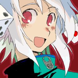 Rule 34 | 1girl, :d, blush, dice, kusanagi tonbo, looking at viewer, lowres, oekaki, open mouth, original, red eyes, short hair, simple background, smile, solo, white hair