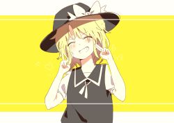 Rule 34 | 1girl, :d, absurdres, black hat, black vest, blonde hair, bow, closed eyes, grin, hat, highres, oomoji (ymad5434), open mouth, shirt, short hair, short sleeves, smile, solo, teeth, touhou, touhou (pc-98), two-tone background, upper body, vest, white background, white bow, white shirt, yellow background, yuki (touhou)