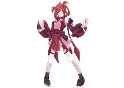 Rule 34 | 1girl, adapted costume, armor, atelier live, blunt bangs, clenched hands, commentary, english commentary, full body, gauntlets, hair ornament, hair rings, hairclip, highres, kani kanizawa, light blush, looking at viewer, power armor, purple eyes, red hair, red skirt, skirt, smile, solo, standing, thighhighs, valefal coneri, virtual youtuber, white background