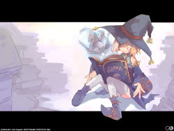 Rule 34 | 1girl, ankle boots, bare shoulders, blonde hair, book, boots, detached sleeves, dress, closed eyes, gagraphic, hat, letterboxed, long sleeves, magic, monster, open book, purple dress, purple footwear, shibano kaito, short hair, silhouette, sitting, solo, sword, thighhighs, wallpaper, weapon, white thighhighs, witch, witch hat
