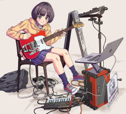 Rule 34 | 1girl, backpack, bag, black hair, brown eyes, cable, chair, che guevara, computer, electric guitar, fender telecaster, guitar, highres, hood, hoodie, instrument, keyboard (instrument), laptop, miniskirt, music, ookiakito, original, playing instrument, shoes, short hair, sitting, skirt, sneakers, solo