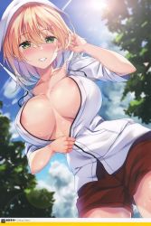 Rule 34 | 1girl, absurdres, areola slip, artist name, blonde hair, blue sky, blurry, blurry background, blush, breasts, cowboy shot, day, dengeki moeou, depth of field, dutch angle, from below, green eyes, hair between eyes, hair ornament, hairclip, highres, hood, hoodie, large breasts, lens flare, outdoors, page number, parted lips, scan, sena chifuyu, short hair, short shorts, shorts, sky, smile, solo, sweat, undressing, unzipping