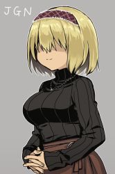 Rule 34 | 1girl, alice margatroid, alternate costume, black sweater, blonde hair, breasts, brown skirt, character name, closed mouth, commentary request, cookie (touhou), cowboy shot, grey background, hair over eyes, hairband, interlocked fingers, jewelry, jigen (cookie), large breasts, long sleeves, nahori (hotbeans), necklace, own hands together, red hairband, short hair, simple background, skirt, solo, sweater, touhou